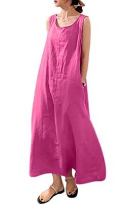 VEVESMUNDO Sommerkleid Damen Baumwolle Ärmelloses Casual Lockere Lässige Lang Kleider Strandkleid Leinenkleid Blusenkleid Freizeitkleid mit Taschen Gr 34 36 38 40 42 44 46 48 50 52(Rosa,3XL) von VEVESMUNDO