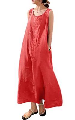 VEVESMUNDO Sommerkleid Damen Baumwolle Ärmelloses Casual Lockere Lässige Lang Kleider Strandkleid Leinenkleid Blusenkleid Freizeitkleid mit Taschen Gr 34 36 38 40 42 44 46 48 50 52(Rot,XL) von VEVESMUNDO