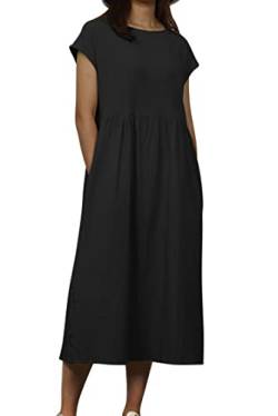 VEVESMUNDO Sommerkleid Damen Leinenkleid Freizeitkleid Strandkleid Baumwolle Kurzarm Knielang Tunika Lockere Kleider mit Taschen (Schwarz,4XL) von VEVESMUNDO