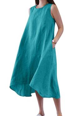 VEVESMUNDO Sommerkleid Leinenkleid Damen Baumwolle Lockere Rundhals Midikleider Strandkleid Blusenkleid Freizeitkleid Ärmelloses Leinen Tank Kleider mit Taschen(Blau,5XL) von VEVESMUNDO