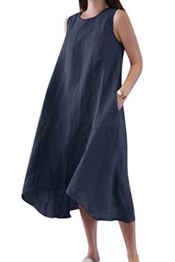 VEVESMUNDO Sommerkleid Leinenkleid Damen Baumwolle Lockere Rundhals Midikleider Strandkleid Blusenkleid Freizeitkleid Ärmelloses Leinen Tank Kleider mit Taschen(Dunkelblau,XXL) von VEVESMUNDO