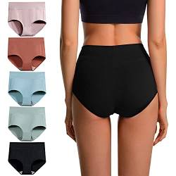 VEVESMUNDO Unterhosen Damen Baumwolle Atmungsaktive Hohe Taille Bauchweg Unterwäsche Slips Pantys Hipster 5er Pack (Mehrfarbig-5er Pack, L) von VEVESMUNDO