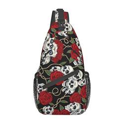 Blaue Blumen Sling Bag Reise Crossbody Rucksack Brust Pack für Männer Frauen, verstellbare linke und rechte Schulter Wandern Casual Daypack, Coole Totenkopf und Rosen, Einheitsgröße von VGFJHNDF