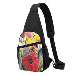 Bunte Schmetterlinge auf Blumen, Schultertasche, Crossbody-Rucksack, Brusttasche für Männer und Frauen, verstellbare linke und rechte Schulter, Wandern, lässiger Tagesrucksack, Tulpengarten, Einheitsgröße von VGFJHNDF