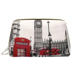 Schöne Erdbeere bedruckte Leder-Make-up-Tasche für Frauen Mädchen – tragbare Reise-Kosmetik-Organizer-Kulturtasche, Rote Telefonzelle London Street, Einheitsgröße von VGFJHNDF