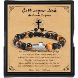 VGWON Christliches Geschenk, Taufgeschenke Jungen, Natürliche Obsidian Tigerauge Stein schwarz Gallstone Kreuz Armband 177 von VGWON