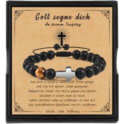 VGWON Christliches Geschenk, Taufgeschenke Jungen Armband, Natürliche Obsidian Tigerauge Stein schwarz Gallstone Kreuz Armband von VGWON