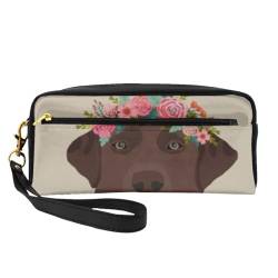 Schokoladen-Labrador mit Schnittlinien-Hundepaneel mit Blumenmuster, Make-up-Tasche, Kosmetiktasche, tragbare Reise-Kulturtasche, Leder-Federmäppchen für Frauen und Mädchen von VHPNWJOB