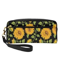 Sonnenblumendruck Schwarz, Make-up-Tasche, Kosmetiktasche, tragbare Reise-Kulturtasche, Leder-Federmäppchen für Frauen und Mädchen von VHPNWJOB