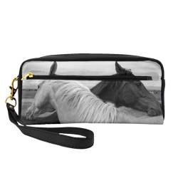 Weißes Pferd und schwarzes Pferd Bedruckt, Make-up-Tasche, Kosmetiktasche, tragbare Reise-Kulturtasche, Leder-Federmäppchen für Frauen und Mädchen von VHPNWJOB