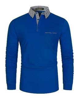 VHUQGVU Herren Langarm Poloshirt Classic Plaid Patchwork 100% Baumwolle Slim Fit Premium Shirt mit Funktionstasche,Blau 1,XL von VHUQGVU