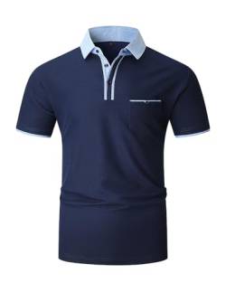 VHUQGVU Herren Poloshirt Baumwolle Kurzarm Knopfleiste mit Farbblockierung Polohemd Regular Slim Fit Modelle Golf Sport T-Shirt,Blau Y41,L von VHUQGVU