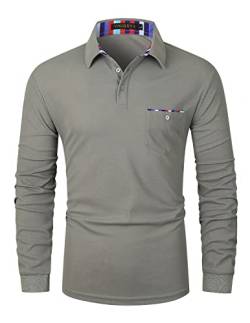 VHUQGVU Herren Poloshirt Langarm Golf T-Shirt Kontrast Tasche Polohemd M-3XL,Grau,3XL von VHUQGVU