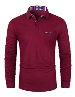 VHUQGVU Herren Poloshirt Langarm Golf T-Shirt Kontrast Tasche Polohemd M-3XL,Rot,M von VHUQGVU
