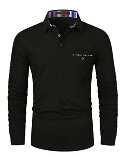 VHUQGVU Herren Poloshirt Langarm Golf T-Shirt Kontrast Tasche Polohemd M-3XL,Schwarz,M von VHUQGVU
