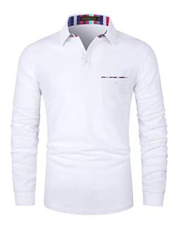 VHUQGVU Herren Poloshirt Langarm Golf T-Shirt Kontrast Tasche Polohemd M-3XL,Weiß,3XL von VHUQGVU