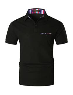 VHUQGVU Poloshirt Herren Kurzarm Basic Golf Polo Sommer Kontrast Tasche Polohemd,Schwarz,3XL von VHUQGVU