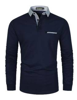 VHUQGVU Poloshirt Herren Langarm Baumwolle Basic Klassische Kontrastfarbe Streifen Stitching Casual Männer Hemd Golf Sport T-Shirt,Blau,3XL von VHUQGVU