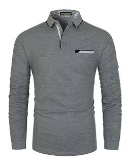 VHUQGVU Poloshirt Herren Langarm Baumwolle Basic Klassische Kontrastfarbe Streifen Stitching Casual Männer Hemd Golf Sport T-Shirt,Grau,3XL von VHUQGVU