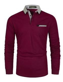 VHUQGVU Poloshirt Herren Langarm Baumwolle Basic Klassische Kontrastfarbe Streifen Stitching Casual Männer Hemd Golf Sport T-Shirt,Rot,XXL von VHUQGVU