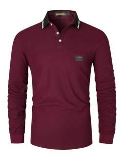 VHUQGVU Poloshirt Herren Langarm Baumwolle Basic Klassische Kontrastfarbe Streifen Stitching Casual Männer Hemd Golf Sport T-Shirt,Rot 40,L von VHUQGVU