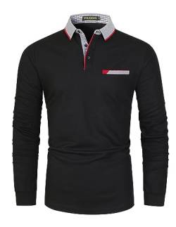 VHUQGVU Poloshirt Herren Langarm Baumwolle Basic Klassische Kontrastfarbe Streifen Stitching Casual Männer Hemd Golf Sport T-Shirt,Schwarz,3XL von VHUQGVU
