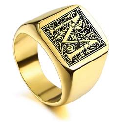 VIBOOS Benutzerdefinierte gravierte Initiale Monogram Signet Ring für Männer Frauen Jungen Herren Ringe Edelstahl, Bündel mit Ringgrößeneinstellern (Gold) von VIBOOS