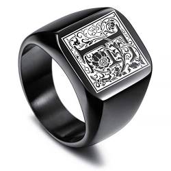 VIBOOS Benutzerdefinierte gravierte Initiale Monogram Signet Ring für Männer Frauen Jungen Herren Ringe Edelstahl, Bündel mit Ringgrößeneinstellern (Schwarze Farbe) von VIBOOS