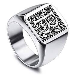 VIBOOS Benutzerdefinierte gravierte Initiale Monogram Signet Ring für Männer Frauen Jungen Herren Ringe Edelstahl, Bündel mit Ringgrößeneinstellern (Silberne Farbe) von VIBOOS