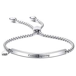 VIBOOS Personalisierte Armband Gravur Name Datum für Frauen Mädchen Benutzerdefinierte Edelstahl Armreif mit Verstellbarer Gliederkette Herz Tag Brautjungfer Bester Freund Schmuck Geschenke von VIBOOS