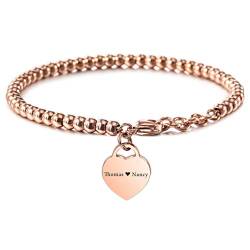 VIBOOS Personalisierte Armband Gravur Namen für Frauen Mädchen Edelstahl Verstellbare Knöchelperle Link mit Herz Brautjungfer Geschenke Bester Freund Armbänder Angepasst (Roségold Farbe) von VIBOOS