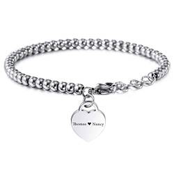 VIBOOS Personalisierte Armband Gravur Namen für Frauen Mädchen Edelstahl Verstellbare Knöchelperle Link mit Herz Brautjungfer Geschenke Bester Freund Armbänder Angepasst (Silber Farbe) von VIBOOS