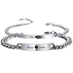 VIBOOS personalisierte Armbänder Set Gravur Name Datum für Männer Frauen Paar Edelstahl Bar benutzerdefinierte Knöchel verstellbare Bordstein Link Beziehung Kettenliebhaber Freund Freundin Geschenk von VIBOOS