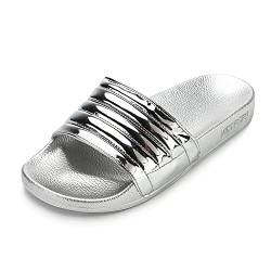 VICT POPU Damen Slides Badeschuhe Hausschuhe Badeschlappen Sommer Schlappen Gartenschuhe Rutschfeste Badelatschen Flach Strand Sandale Silbrig 40 von VICT POPU