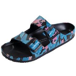 VICT POPU Pantoletten Damen mit Fussbett Sandalen Flach Rutschfest Sommer Badelatschen Lässig EVA Slides Erwachsene Schlappen Blumensee Blau 39 von VICT POPU