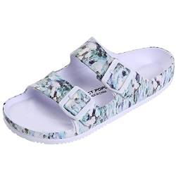 VICT POPU Pantoletten Damen mit Fussbett Sandalen Flach Rutschfest Sommer Badelatschen Lässig EVA Slides Erwachsene Schlappen Marmoriertes Grün 36 von VICT POPU