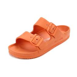 VICT POPU Pantoletten Damen mit Fussbett Sandalen Flach Rutschfest Sommer Badelatschen Lässig EVA Slides Erwachsene Schlappen Orange 38 von VICT POPU