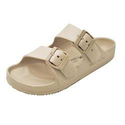 VICT POPU Pantoletten Damen mit Fussbett Sandalen Flach rutschfest Sommer Badelatschen Lässig Eva Slides Erwachsene Schlappen Beige 40 von VICT POPU