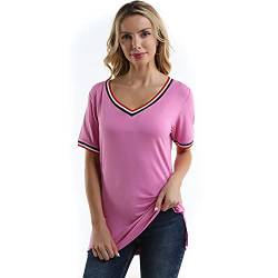 VICT POPU Tshirt Damen V Ausschnitt Kurzarm Oberteile Sommer Basic Shirt Tuniken Tops Rosa M von VICT POPU