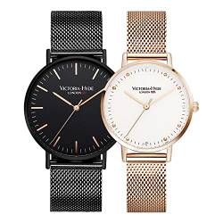 VICTORIA HYDE Analog Quarz Paaruhren für Damen und Herren Edelstahl Mesh Band Echtleder Uhrenarmband (Black-Rosegold) von VICTORIA HYDE