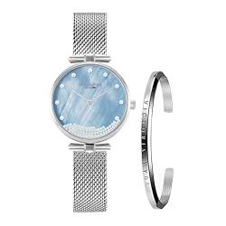 VICTORIA HYDE Damen Uhren Analog Quarz Damenuhr mit Perlmutt-Zifferblatt Armbanduhr Armreif Set (Silber) von VICTORIA HYDE