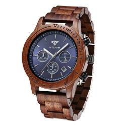 VICVS Herren Natur Hölzerne Uhr Multifunktionale Quartz Analog Armbanduhr mit Kalender Anzeige Chronograph-Funktion Hölzerne Armband für Männer (Sandalwood) von VICVS