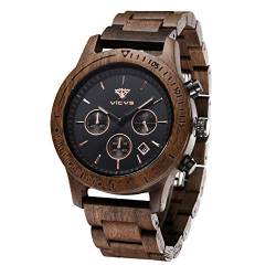 VICVS Herren Natur Hölzerne Uhr Multifunktionale Quartz Analog Armbanduhr mit Kalender Anzeige Chronograph-Funktion Hölzerne Armband für Männer (Walnut) von VICVS