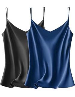VIDUSSA 2er Pack Damen Satin Cami Tank Top Basic Shirt V-Ausschnitt Ämellose Blusen Seidentop Oberteile Schwarz+blau L von VIDUSSA