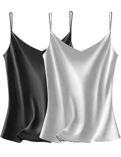 VIDUSSA 2er Pack Damen Satin Cami Tank Top Basic Shirt V-Ausschnitt Ämellose Blusen Seidentop Oberteile Schwarz+grau L von VIDUSSA