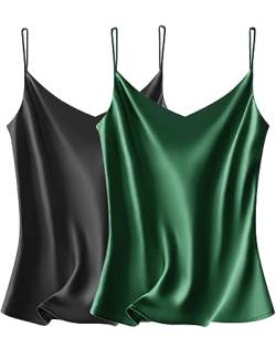 VIDUSSA 2er Pack Damen Satin Cami Tank Top Basic Shirt V-Ausschnitt Ämellose Blusen Seidentop Oberteile Schwarz+grün L von VIDUSSA