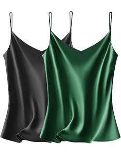 VIDUSSA 2er Pack Damen Satin Cami Tank Top Basic Shirt V-Ausschnitt Ämellose Blusen Seidentop Oberteile Schwarz+grün M von VIDUSSA