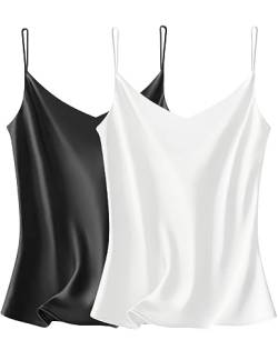VIDUSSA 2er Pack Damen Satin Cami Tank Top Basic Shirt V-Ausschnitt Ämellose Blusen Seidentop Oberteile Schwarz+weiß L von VIDUSSA