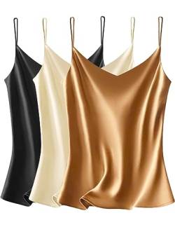 VIDUSSA 3er Pack Damen Satin Cami Tank Top Basic Shirt V-Ausschnitt Ämellose Blusen Seidentop Oberteile Schwarz+Champagner+Khaki XL von VIDUSSA