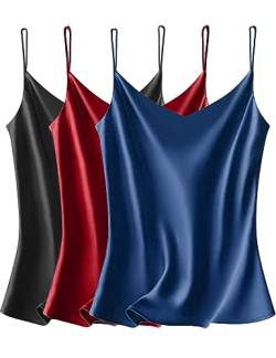 VIDUSSA 3er Pack Damen Satin Cami Tank Top Basic Shirt V-Ausschnitt Ämellose Blusen Seidentop Oberteile Schwarz+Marineblau+Burgunder S von VIDUSSA